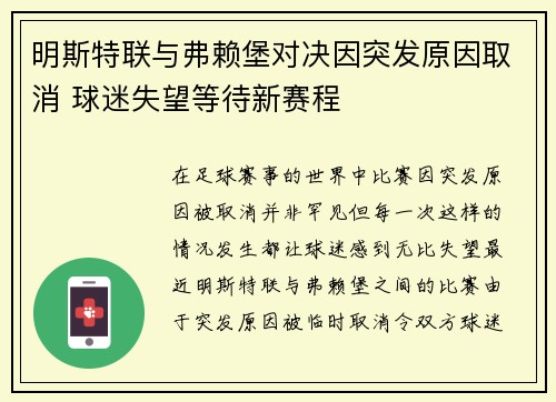 明斯特联与弗赖堡对决因突发原因取消 球迷失望等待新赛程